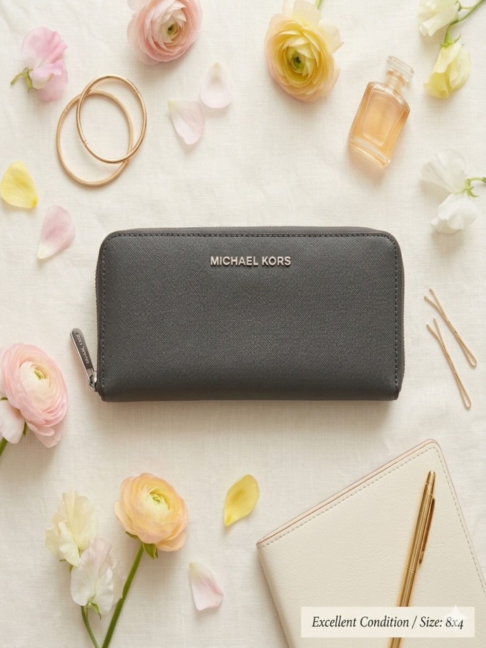 MICHAEL KORS Jet Set Large Multifunction Wallet Charcoal Gray Saffiano Leather